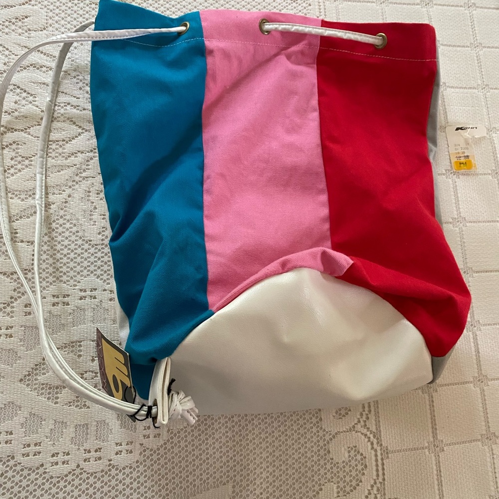 Vintage Sasson Drawstring Bag, Multi Colour With White Bottom/Straps Hippie Core